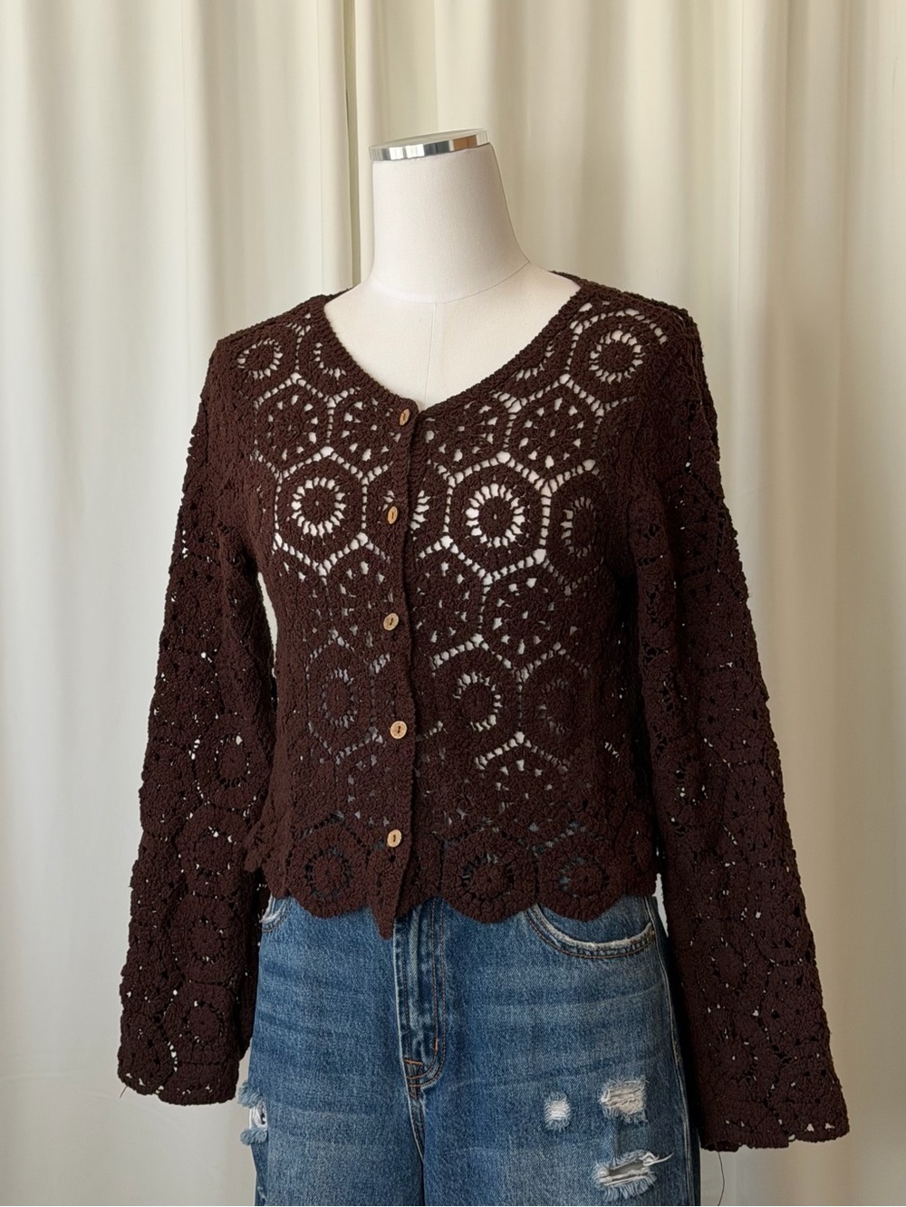 Brown Crochet Knit Cardigan Top Size Medium Long Sleeve Button Up Boho. - Picture 4 of 11